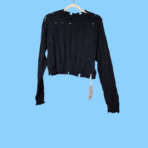 Commense Goth Grunge Distressed Black Knit Cropped Raw Hem Long Sleeves Sweater - Picture 5 of 6